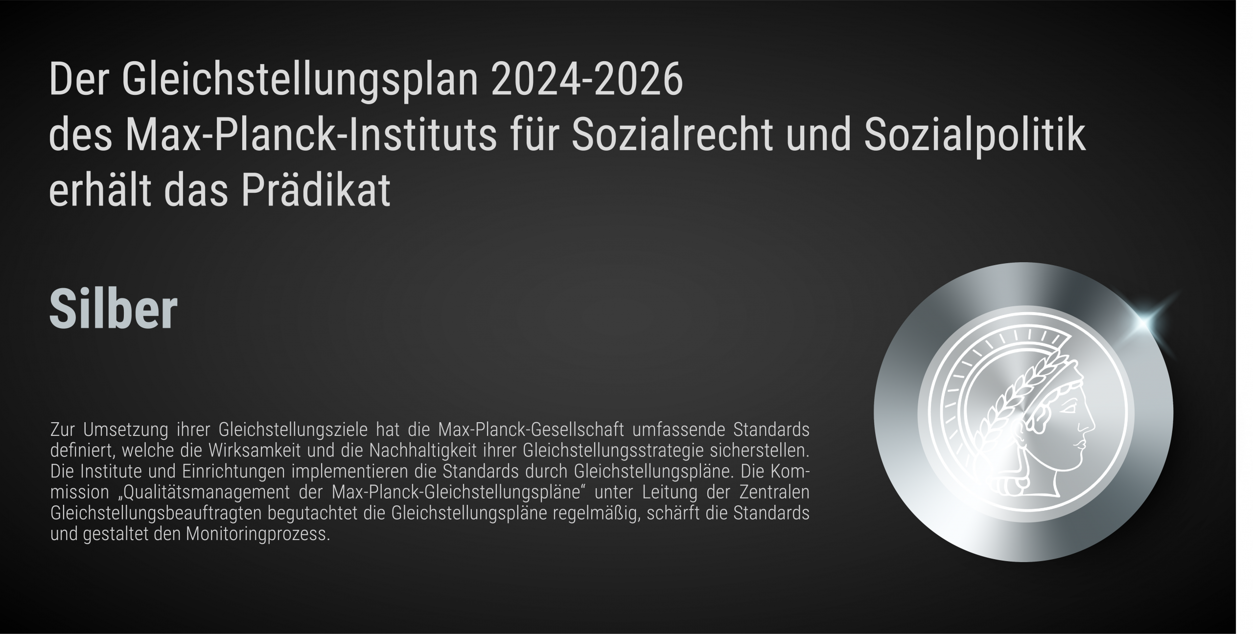 Silber_Karte_f%C3%BCr_Sozialrecht_und_Sozialpolitik_de Die Graphik zeigt die Silbermedaille für den Gleichstellungsplan 2024-2026 des Instituts.